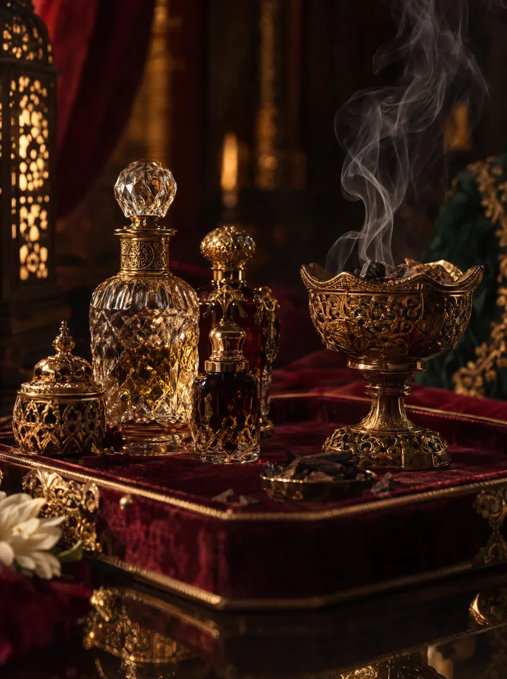 قوارير عطور ومبخرة على صينية مخمل